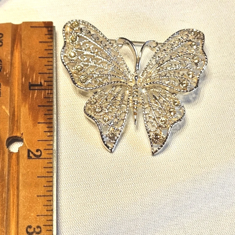 Vintage Silver Tone Rhinestone Filigree Butterfly Brooch